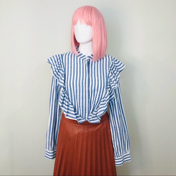 MVN Tops - SOLD Blue & White Stripe Cotton Long Sleeve MVN Ruffle Button Up Shirt 12